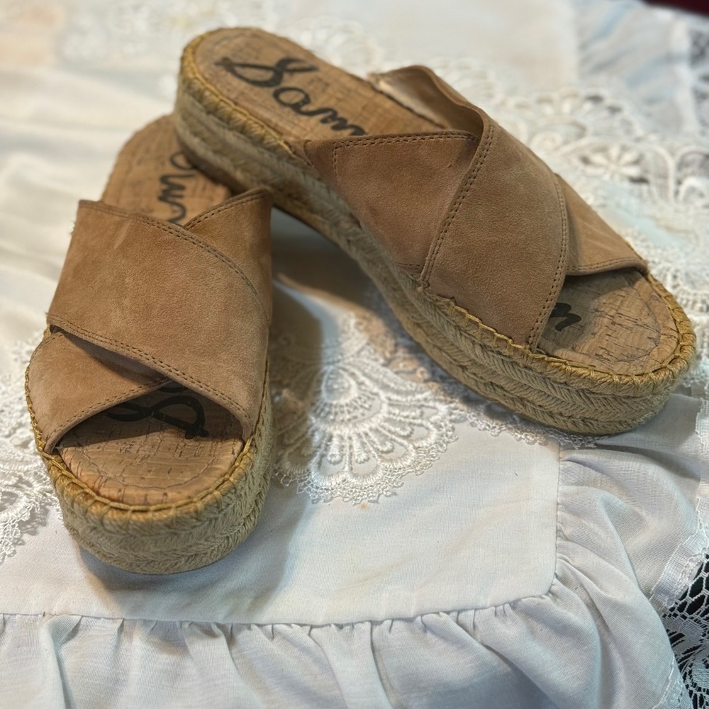 Sam Edelman Tan Brown Suede Wedge Platform Espadrille Slides Sandals Shoes 8